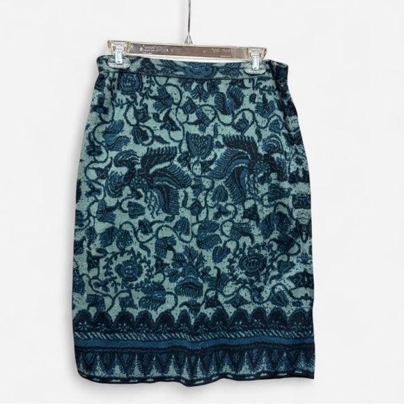 Peruvian Connection Blue and Navy Floral and Bird Print Pima Cotton Pencil Skirt - Picture 1 of 4